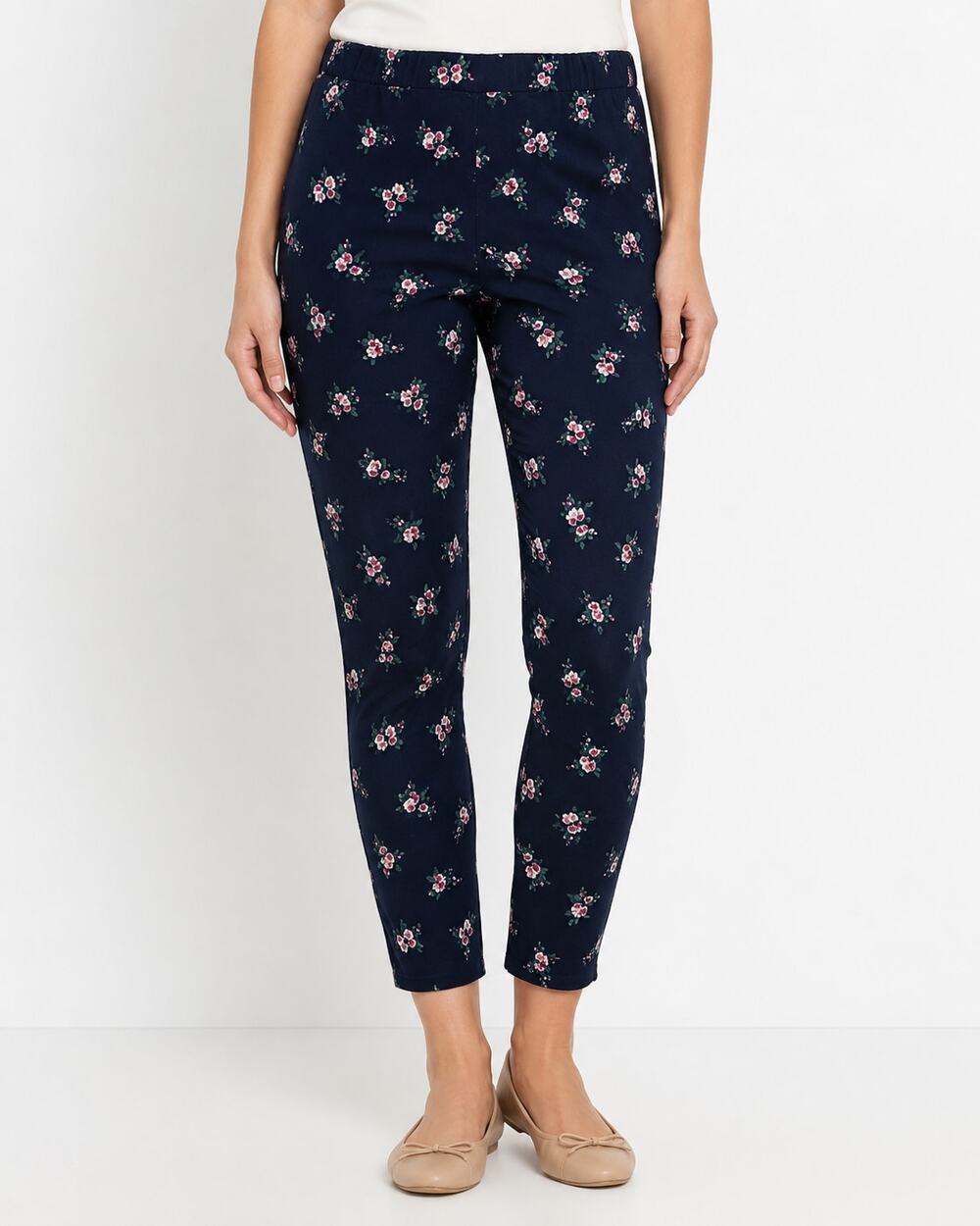 ELLE Navy Blue Floral Skinny Ankle Pants Women’s Medium Pull On Stretch